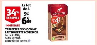Auchan Tablettes de chocolat lait noisettes côte d'or offre