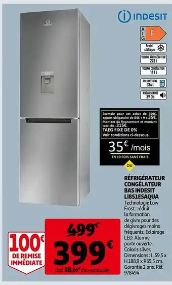 Auchan Réfrigérateur congélateur bas indesit li8s1esaqua offre