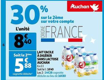 Auchan Lait facile à digérer sans lactose auchan offre