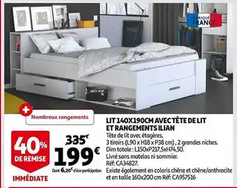 Auchan Lit 140 x 190 cm avec tête de lit et rangements ilian offre