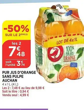 Bi1 Pur jus d'orange sans pulpe auchan offre