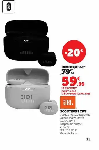 Hyper U Écouteurs tws jbl offre