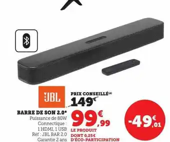 Hyper U Barre de son 2.0 jbl offre