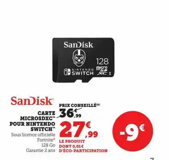 Hyper U Carte microsdxc pour nintendo switch sandisk offre