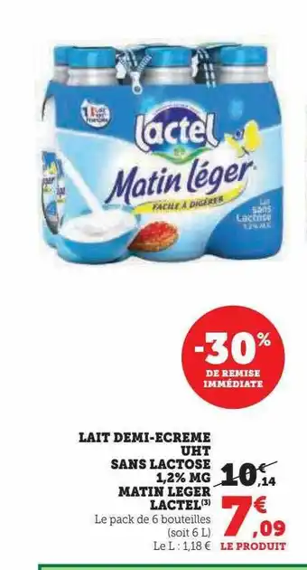 Super U Lait demi-écrémé uht sans lactose 1,2% mg matin léger lactel offre
