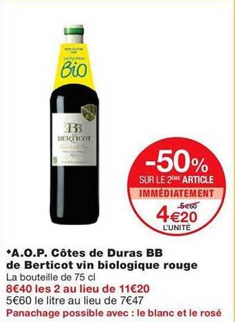 Monoprix A.o.p. côtes de duras bb de berticot vin biologique rouge offre