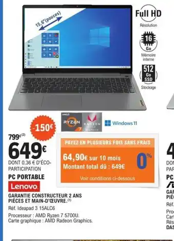 E.Leclerc Lenovo Pc portable offre