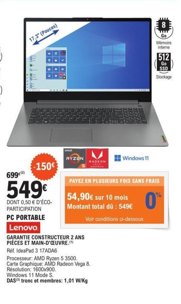 Promo Lenovo Pc Portable chez E.Leclerc