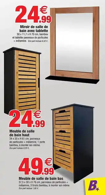 Bazarland Miroir de salle de bain avec tablette, meuble de salle de bain haut, meuble de salle de bain bas offre