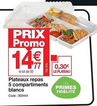 Promocash Plateaux repas 5 compartiments blancs offre