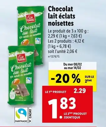 Lidl Chocolat lait éclats noisettes offre