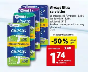 Lidl Always ultra serviettes offre
