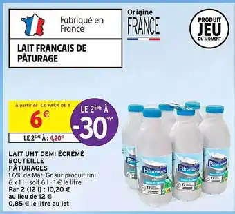 Intermarché Lait uht demi écrémé bouteille pâturages offre