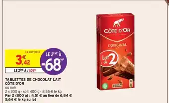 Intermarché Tablettes de Chocolat Lait Cote D'Or offre