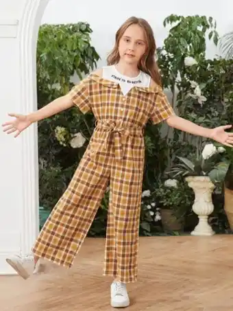 SheIn Shein fille combinaison ample à carreaux graphique de slogan à épaules dénudées ceinturé offre