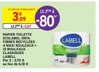 Intermarché Papier Toilette Ecolabel 100% Fibres Recyclees 4 Maxi Rouleaux = 12 Rouleaux Classiques Labell offre