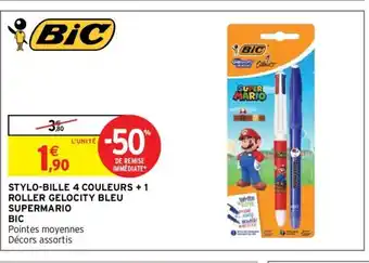 Intermarché Stylo-Bille 4 Couleurs + 1 Roller Gelocity Bleu Supermario Bic offre