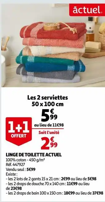 Auchan Linge de toilette les 2 serviettes 50 x 100 cm offre