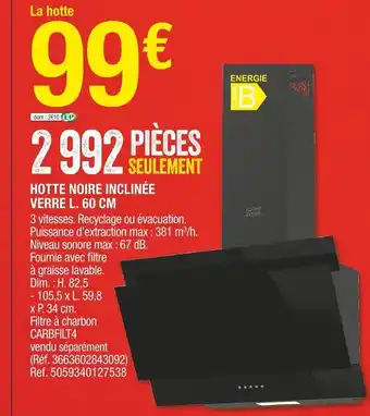 Brico Dépôt Hotte Noire Inclinée Verrie L. 60 cm offre