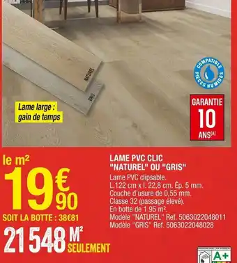 Brico Dépôt Lame PVC Clic "Naturel" OU "Gris" offre