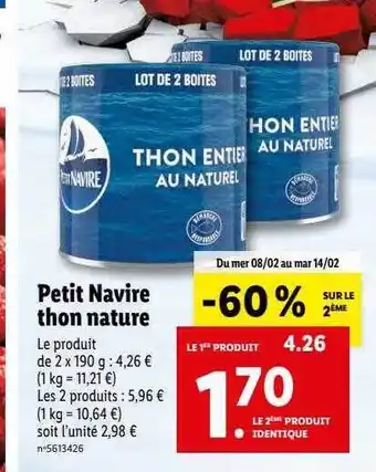 Lidl Petit navire thon nature offre