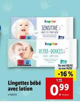 Lidl Lingettes bébé avec lotion lupilu offre