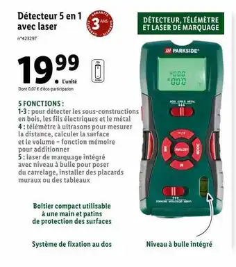 Lidl Détecteur 5 en 1 avec laser parkside offre