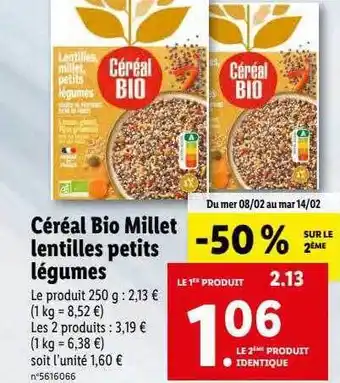 Lidl Céréal bio millet lentilles petits légumes offre