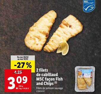 Lidl 2 filets de cabillaud msc façon fish and chips offre