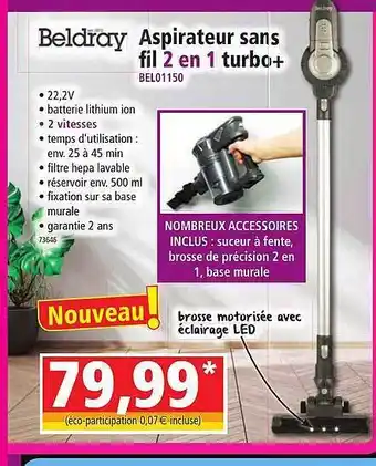 Norma Aspirateur sans fil 2 en 1 turbo+ beldray offre