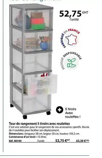 Casal Sport Tour de rangement 5 tiroirs avec roulettes offre