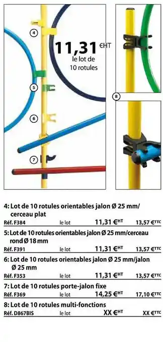 Casal Sport Lot de 10 rotules orientables jalon ø 25 mm-cerceau plat, lot de 10 rotules orientables ø 25 mm-cerceau rond ø 18 mm, lot de offre