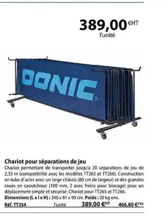 Casal Sport Chariot pour séparations de jeu donic offre