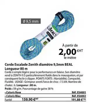Corde escalade zenith diamètre 9,5 mm beal longueur 80 m