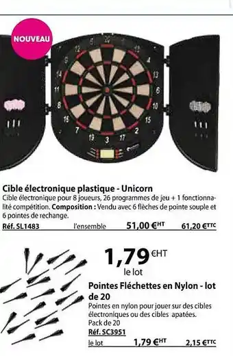Casal Sport Cible électronique plastique - unicorn, pointes fléchettes en nylon - lot de 20 offre