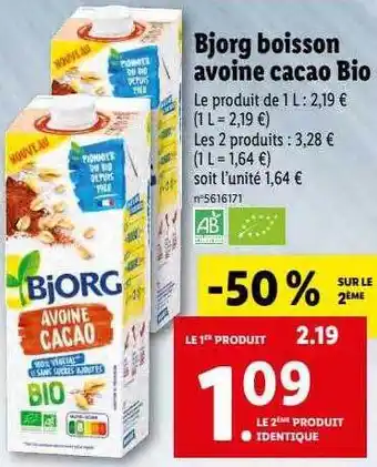 Lidl Bjorg boisson avoine cacao bio offre
