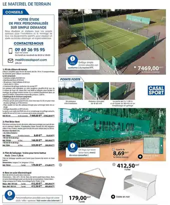 Casal Sport Kit de clôtures de tennnis, filet brise-vent, filet de balayage-traine pour terre-battue huck - 2 m x 1,50 m, banc en acier é offre