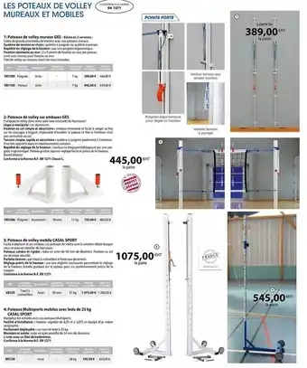 Casal Sport Poteaux de volley muraux ges, poteaux de volley sur embasses ges, poteaux de volley mobile casal sport, poteaux multisports m offre