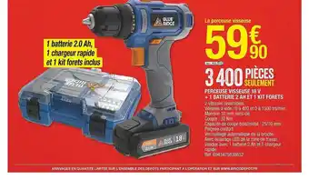 Brico Dépôt Perceuse visseuse 18 v + 1 batterie 2 ah et 1 kit forets blue ridge offre