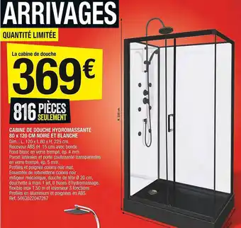 Brico Dépôt Cabine de douche hydromassante 80 x 120 cm noire et blanche offre