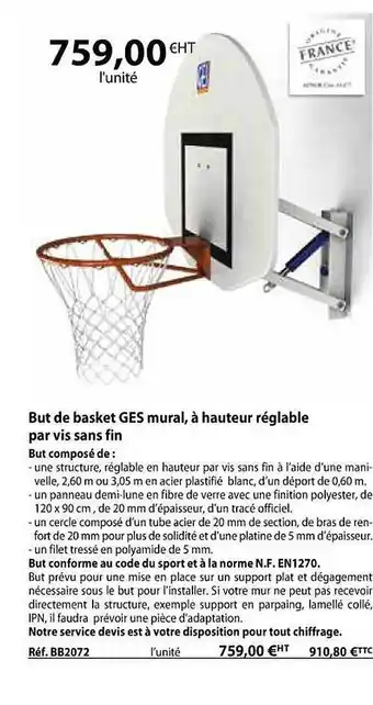 Casal Sport But de basket ges mural, à hauteur réglable par vis sans fin offre