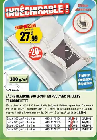 Outiror Bâche blanche 300 gr-m², en pvc avec œillets et cordelette offre