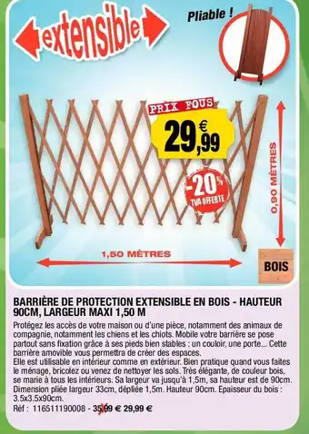 Outiror Barrière de protection extensible en bois - hauteur 90 cm, largeur maxi 1,50 m offre