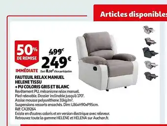 Auchan Fauteuil relax manuel hélène tissu + pu coloris gris et blanc offre