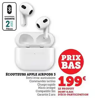 Super U Écouteurs apple airpods 3 offre