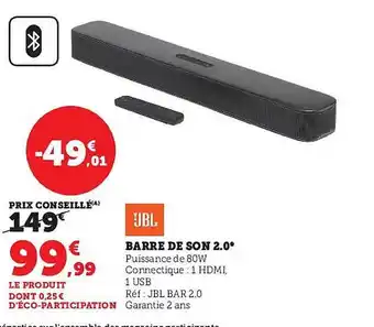 Super U Jbl barre de son 2.0 offre
