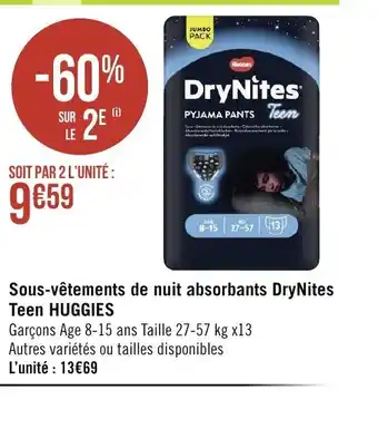 Géant Casino Sous-Vetements de Nuit Absorbants Drynites Teen Huggies offre