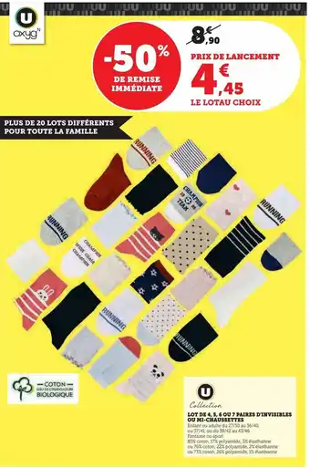 Super U Lot de 4, 5, 6 ou 7 paires d'invisibles ou mi-chaussettes offre