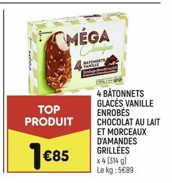 Leader Price 4 bâtonnets glacés vanille enrobés chocolat au lait et morceaux d’amandes grillées offre