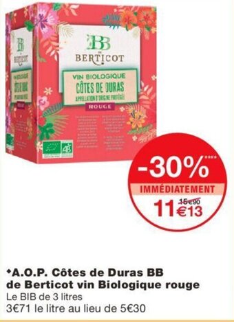 Monoprix A.O.P. côtes de duras BB de berticot vin biologique rouge offre